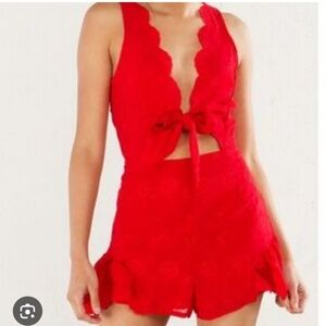 Red Lace Jumpsuit with Scalloped Edges